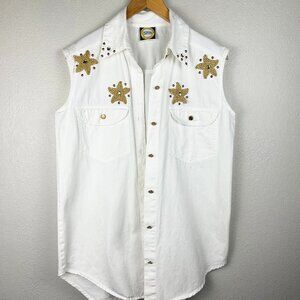Vintage White Denim Studded Gold Vest Sleeveless Collared Shirt M-L